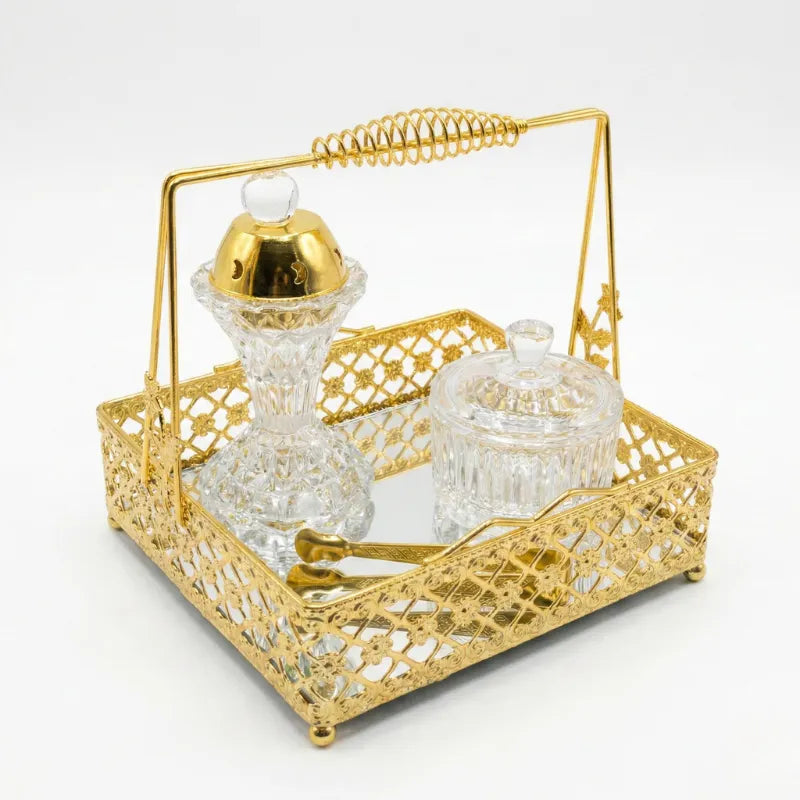 Set encensoir (brûleur d'encens) sur plateau miroir doré