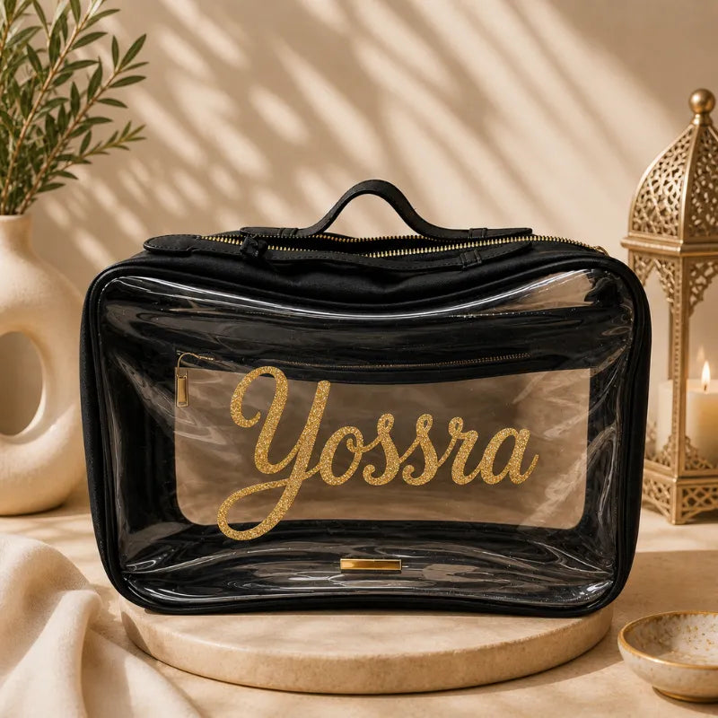 Trousse de Toilette Transparente - Noir - Personnalisée flocage doré