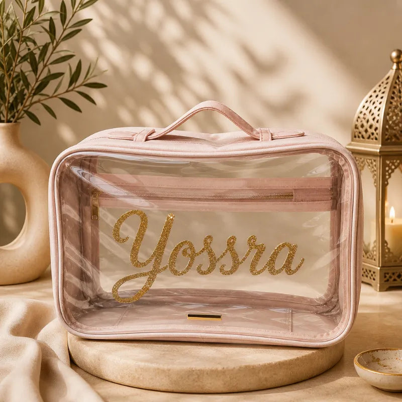 Trousse de Toilette Transparente - Rose - Personnalisée flocage doré