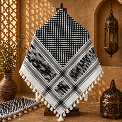 Keffieh/Kufiya Contour Pompons noir et blanc