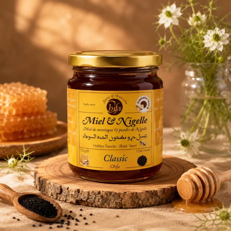 Miel de montagne bio et poudre de nigelle 250g – Chifa