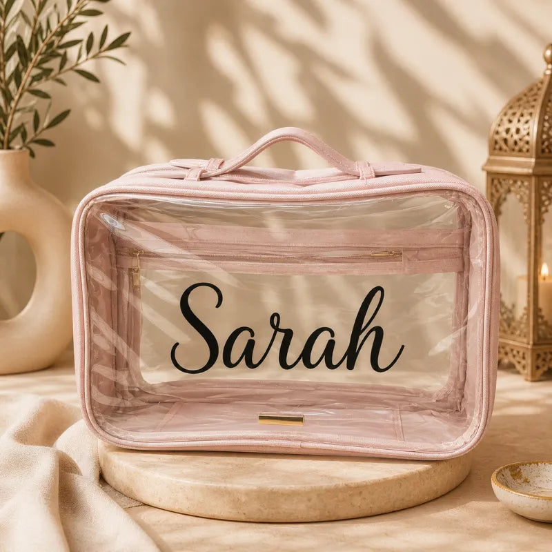 Trousse de Toilette Transparente - Rose - Personnalisée flocage noir